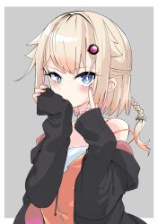 Rule 34 | 1girl, akanbe, bare shoulders, biting, biting clothes, black jacket, blonde hair, blue eyes, blush, border, braid, bright pupils, camisole, cevio, commentary request, eyelid pull, gradient hair, grey background, hair flaps, hair ornament, hands up, highres, jacket, jacket partially removed, looking at viewer, medium hair, multicolored clothes, multicolored hair, multicolored jacket, one (cevio), open clothes, open jacket, orange camisole, orange hair, orange nails, outside border, red jacket, sleeves past wrists, solo, spaghetti strap, tongue, tongue out, two-tone jacket, uneven eyes, upper body, white border, white pupils, zooanime