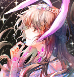 Rule 34 | 1girl, animal ears, artist request, bare shoulders, beads, braid, brown eyes, brown hair, douluo dalu, dress, gleam, hair ornament, hand up, highres, holding, holding jewelry, holding ring, jewelry, long hair, open mouth, pink dress, rabbit ears, ring, second-party source, smile, solo, upper body, xiao wu (douluo dalu)