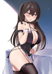 Rule 34 | 1girl, absurdres, akaoni (zumt3548), azur lane, bare hips, black thighhighs, blush, breasts, brown hair, center opening, cleavage, commission, criss-cross halter, from side, hair between eyes, halterneck, highres, huge breasts, long hair, no panties, pelvic curtain, pixiv commission, race queen, solo, standing, thighhighs, wrist cuffs, yellow eyes, zuikaku (azur lane), zuikaku (the wind&#039;s true name) (azur lane)