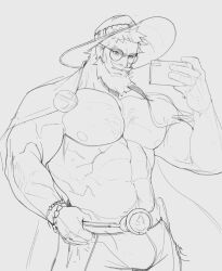 Rule 34 | 1boy, abs, arm hair, bad id, bad twitter id, bara, bare pectorals, beard, bulge, character request, chest hair, clothes tug, coat, coat on shoulders, cowboy shot, driedwarek, facial hair, glasses, greyscale, hat, holding, holding phone, large pectorals, long beard, male focus, mature male, monochrome, muscular, muscular male, mustache, navel, navel hair, nipples, no shirt, official alternate costume, pants, pectorals, phone, round eyewear, selfie, short hair, sketch, solo, stomach, sun hat, thick mustache, traditional media, v-shaped eyebrows