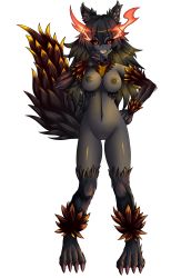 Rule 34 | 1girl, absurdres, animal ears, animal hands, black hair, black sclera, black skin, breasts, claws, cleft of venus, colored sclera, colored skin, dog ears, dog tail, fire, full body, fur, grin, hand on own chin, hand on own hip, hellhound (monster girl encyclopedia), highres, large breasts, long hair, looking at viewer, monster girl, monster girl encyclopedia, monster girl encyclopedia ii, navel, nipples, nude, pussy, red eyes, shiny skin, slit pupils, smile, solo, standing, tail, tail raised, transparent background, twistedscarlett60, uncensored