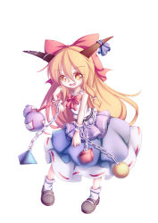 Rule 34 | 1girl, absurdres, arm up, bare arms, bobby socks, bow, brown footwear, chain, chibi, cube, cuffs, dior-zi, gourd, hair between eyes, hair bow, hand in own hair, highres, horn ornament, horn ribbon, horns, ibuki suika, layered skirt, long hair, looking at viewer, open mouth, orange eyes, orange hair, orb, pyramid (geometry), red bow, ribbon, shackles, shirt, sidelocks, simple background, skirt, sleeveless, sleeveless shirt, socks, solo, touhou, very long hair, white background, white socks, wrist cuffs
