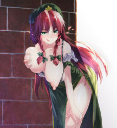 Rule 34 | 1girl, :q, bare shoulders, black bra, blush, bra, breasts, breasts out, brick wall, china dress, chinese clothes, collarbone, colored eyelashes, dress, female focus, green eyes, hanging breasts, hat, heart, hong meiling, huge breasts, huge nipples, ibuki notsu, imminent rape, imminent penetration, large breasts, leaning forward, licking lips, long hair, looking at viewer, naughty face, nipples, off shoulder, puffy nipples, red hair, grabbing own breast, side slit, solo, thighs, tongue, tongue out, touhou, underwear, very long hair