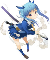 Rule 34 | 1girl, blue hair, highres, hirokiku, katana, long hair, looking at viewer, original, red eyes, simple background, solo, sword, twintails, uniform, weapon