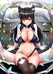 Rule 34 | 1girl, animal ear fluff, animal ears, arm support, atago (azur lane), atago (stunning speedster) (azur lane), azur lane, bikini, black bikini, black hair, breasts, brown thighhighs, car, cleavage, closed mouth, confetti, crossed legs, hair ribbon, halterneck, highleg, highleg bikini, highres, kagiyama (clave), large breasts, long hair, long sleeves, looking at viewer, mole, mole under eye, motor vehicle, navel, race queen, ribbon, shrug (clothing), sitting, smile, solo, sports car, stomach, string bikini, swimsuit, thighhighs, thighs, wing collar, wrist cuffs, yellow eyes