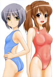 Rule 34 | 00s, 2girls, asahina mikuru, ass, blue one-piece swimsuit, blush, breasts, cameltoe, competition swimsuit, covered erect nipples, covered navel, highres, looking at viewer, medium breasts, multiple girls, nagato yuki, nipples, one-piece swimsuit, open mouth, red one-piece swimsuit, short hair, simple background, small breasts, small nipples, suzumiya haruhi no yuuutsu, swimsuit, tk4, white background