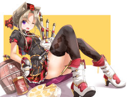 Rule 34 | 1girl, animal ears, argyle, argyle clothes, argyle legwear, bagpipes, boots, brown hair, cat ears, fang, fatkewell, gloves, instrument, looking at viewer, one eye closed, open mouth, original, purple eyes, short hair with long locks, simple background, sitting, skirt, solo, thighhighs