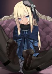 Rule 34 | 1girl, arms behind back, beret, black hat, black pantyhose, blonde hair, blue capelet, blue dress, blue eyes, blush, cameltoe, capelet, commentary request, couch, dress, fate/grand order, fate (series), feet, flower, foot focus, fur collar, gusset, hat, hat flower, hat ornament, highres, kesoshirou, long hair, long sleeves, looking at viewer, no shoes, on couch, panties, panties under pantyhose, pantyhose, pantyshot, reines el-melloi archisorte, seductive smile, short dress, sidelocks, sitting, smile, solo, spread legs, straight hair, thighband pantyhose, toes, underwear, upskirt, very long hair, white flower, white panties