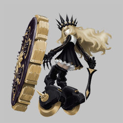 1girl black_crown black_dress black_rock_shooter blonde_hair chariot_(black_rock_shooter) claws crown dress long_hair mechanical_legs roller_skates shield simple_background skates skeletal_hand solo sword weapon wheel yara_kami_meiosei yellow_eyes