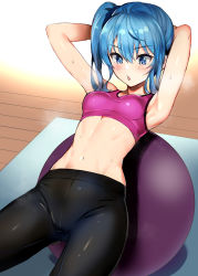 Rule 34 | 1girl, absurdres, armpits, arms behind head, arms up, ball, black pants, blue eyes, blue hair, blush, breasts, commentary request, cowboy shot, exercising, exercise ball, hair between eyes, highres, hololive, hoshimachi suisei, long hair, looking away, medium breasts, navel, pants, pink sports bra, pukara, sit-up, solo, sports bra, star (symbol), star in eye, stomach, sweat, symbol in eye, virtual youtuber