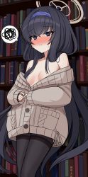 Rule 34 | 1girl, black hair, black pantyhose, blue archive, blue eyes, blue hairband, blush, book, bookshelf, breasts, brown cardigan, cardigan, closed mouth, commentary request, hair between eyes, hairband, halo, highres, indoors, long hair, long sleeves, mitsumine raimu, nose blush, off shoulder, open cardigan, open clothes, pantyhose, sleeves past wrists, small breasts, solo, spoken squiggle, squiggle, sweat, thighband pantyhose, ui (blue archive), very long hair