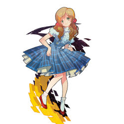 Rule 34 | 1girl, aldnoah.zero, blonde hair, blue dress, center frills, chino kawashiku, cosplay, dorothy gale, dorothy gale (cosplay), dress, frills, full body, green eyes, grimm&#039;s fairy tales, high heels, nina klein, plaid, plaid skirt, pleated skirt, puffy short sleeves, puffy sleeves, pumps, red footwear, scrunchie, shoes, short sleeves, simple background, skirt, smile, socks, solo, standing, the wizard of oz, twintails, white background, white socks