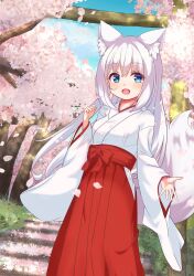 Rule 34 | 1girl, :d, absurdres, animal ears, blue sky, bow, branch, breasts, cloud, commentary request, day, flower, fox ears, fox girl, fox tail, hair between eyes, hakama, hakama skirt, highres, hip vent, japanese clothes, kimono, long hair, long sleeves, looking at viewer, miko, open mouth, original, outdoors, petals, pink flower, red bow, red hakama, rodo (oekakisyakaijin), skirt, sky, small breasts, smile, solo, stairs, stone stairs, tail, tree, very long hair, white hair, white kimono, wide sleeves