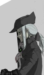 Rule 34 | 1girl, black coat, black gloves, black headwear, blood, blood on clothes, bloodborne, coat, cross goli, gloves, green eyes, grey background, grey hair, had, hatching (texture), highres, lady maria of the astral clocktower, long hair, parted lips, profile, simple background, sketch, smile, solo, upper body