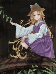 Rule 34 | 1girl, alternate hair length, alternate hairstyle, black background, blonde hair, boots, brown headwear, commentary, cross-laced footwear, from side, full body, highres, long hair, moriya suwako, ourie, plant, purple skirt, purple vest, ribbon-trimmed sleeves, ribbon trim, shirt, simple background, skirt, solo, squatting, touhou, very long hair, vest, white shirt, yellow eyes
