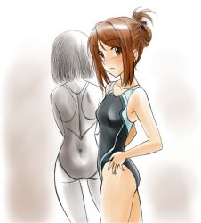 Rule 34 | 2girls, brown eyes, brown hair, chaborin, competition swimsuit, long hair, monochrome, multiple girls, one-piece swimsuit, original, short hair, spot color, swimsuit