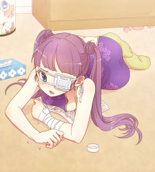 Rule 34 | 1girl, aqua eyes, arm support, bad id, bad pixiv id, bandages, china dress, chinese clothes, dress, drugs, eyepatch, fang, itsuki (otsugei), long hair, lying, on side, on stomach, open mouth, original, otsugei, pill, purple hair, socks, solo, tissue, tissue box, twintails