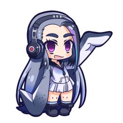 Rule 34 | 10s, 1girl, :d, black hair, blue hair, blush, chibi, full body, giant penguin (kemono friends), headphones, jacket, kemono friends, long hair, looking at viewer, multicolored hair, nanarokushiki, no nose, open mouth, purple eyes, silver hair, simple background, skirt, sleeves past wrists, smile, solo, thick eyebrows, transparent background, very long hair, white background
