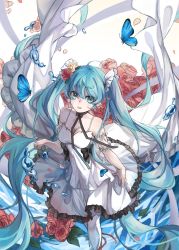 Rule 34 | 1girl, absurdres, aqua eyes, aqua hair, armband, bug, butterfly, dress, flower, frilled dress, frills, hair flower, hair ornament, hatsune miku, highres, insect, lan su, ribbon, rose, sleeveless, solo, twintails, vocaloid, water, white dress