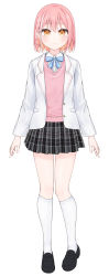 Rule 34 | 1girl, black footwear, blazer, blue bow, blush, bow, brown eyes, brown hair, closed mouth, collared shirt, dress shirt, full body, gradient hair, grey skirt, hair between eyes, highres, hijouguti, jacket, kneehighs, loafers, long sleeves, looking at viewer, mole, mole under eye, multicolored hair, open clothes, open jacket, original, pink hair, plaid, plaid skirt, pleated skirt, resolution mismatch, school uniform, shadow, shirt, shoes, skirt, socks, solo, source larger, standing, sweater vest, white background, white jacket, white shirt, white socks