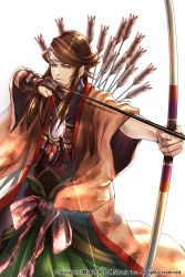 Rule 34 | &gt;:|, arrow (projectile), blue eyes, bow (weapon), brown gloves, brown hair, drawing bow, gloves, green hakama, hakama, hakama skirt, headband, holding, holding bow (weapon), holding weapon, japanese clothes, jewelry, long hair, necklace, official art, quiver, sengoku hanafuda kassen, skirt, solo, standing, v-shaped eyebrows, weapon, white background, wide sleeves