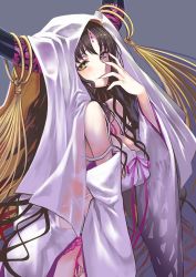Rule 34 | 10s, 1girl, bare shoulders, black hair, breasts, detached sleeves, facial mark, fate/extra, fate/extra ccc, fate (series), forehead mark, horns, koin (foxmark), large breasts, long hair, looking at viewer, sessyoin kiara, veil, very long hair, yellow eyes