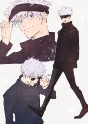 Rule 34 | 1boy, :d, black blindfold, black footwear, black jacket, black pants, blindfold, blindfold lift, blue eyes, closed mouth, covered eyes, deka power, full body, gojou satoru, grin, hand in pocket, hand up, highres, jacket, jujutsu kaisen, long sleeves, male focus, open mouth, pants, shoes, short hair, simple background, smile, standing, sunglasses, upper body, white background, white hair