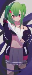 Rule 34 | 1girl, asymmetrical legwear, black jacket, camisole, closed mouth, clothes lift, commission, green hair, grey skirt, highres, jacket, light blush, long hair, long sleeves, looking at viewer, midriff, navel, off-shoulder shirt, off shoulder, open clothes, open jacket, original, red eyes, shirt, shirt lift, skeb commission, skirt, smile, solo, split mouth, standing, thighhighs, tissuebox (artist), twintails, uneven legwear, white shirt