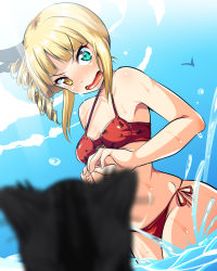 Rule 34 | 1girl, angry, bikini, blonde hair, blush, breasts, cat, day, drill hair, full-face blush, green eyes, haishima isari, heterochromia, highres, light rays, looking at viewer, open mouth, red bikini, school girl strikers, sendou hachi, side-tie bikini bottom, side drill, sidelocks, sky, small breasts, solo, splashing, surprised, swimsuit, wading, water, wet, yellow eyes