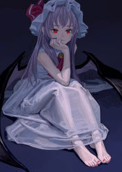 Rule 34 | 1girl, adapted costume, alternate hair length, alternate hairstyle, artist name, ascot, bare arms, bare shoulders, barefoot, bat wings, blue background, blue hair, brooch, dress, feet, fkey, full body, hand up, hat, hat ribbon, head rest, highres, jewelry, long hair, mob cap, nail polish, red ascot, red eyes, red nails, red ribbon, remilia scarlet, ribbon, see-through, sitting, sleeveless, sleeveless dress, solo, toenail polish, toenails, touhou, white dress, white hat, wings