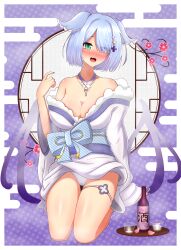 Rule 34 | 1girl, alcohol, aqua eyes, bare shoulders, blue hair, blue nails, blush, bottle, bow, breasts, cameltoe, cherry blossoms, choko (cup), cleavage, cleft of venus, cup, drunk, elira pendora, elira pendora (2nd costume), embarrassed, fang, fur trim, hair ornament, hair over one eye, hair wings, hairclip, heterochromia, highres, japanese clothes, kimono, large breasts, looking at viewer, mizmillificent, mole, mole on armpit, nijisanji, nijisanji en, off shoulder, open mouth, panties, sake, sake bottle, short hair, simple background, sitting, solo, thighs, underwear, virtual youtuber, wings
