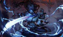 Rule 34 | 1boy, absurdres, alternate costume, blue eyes, blue hair, blue skin, blue theme, colored skin, dark blue hair, electricity, fighting stance, glowing, glowing eyes, glowing sword, glowing weapon, highres, holding, holding sword, holding weapon, katana, league of legends, long hair, male focus, mask, mouth mask, navel, no pupils, outdoors, reverse grip, scabbard, scar, scar across eye, sheath, solo, sword, torn, torn clothes, unsheathed, uriah voth, weapon, wind, yasuo (league of legends)