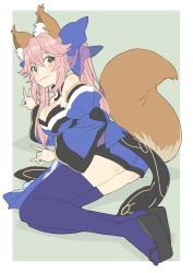 Rule 34 | 1girl, absurdres, animal ear fluff, animal ears, bad id, bad twitter id, bare shoulders, blue bow, blue kimono, border, bow, breasts, cleavage, clog sandals, closed mouth, detached sleeves, donguri suzume, double fox shadow puppet, fate/extra, fate (series), fox ears, fox shadow puppet, fox tail, from behind, green background, hair bow, highres, japanese clothes, kimono, large breasts, long sleeves, looking at viewer, looking back, okobo, pink hair, purple thighhighs, sandals, simple background, sitting, smile, solo, tail, tamamo (fate), tamamo no mae (fate/extra), thighhighs, twintails, white background, white border, yellow eyes, yokozuwari, zettai ryouiki