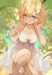 Rule 34 | 1girl, akizero1510, blonde hair, blue eyes, blush, breasts, choker, cleavage, cross-laced sandals, dress, flower, hair between eyes, hair ornament, halter dress, halterneck, high heels, highres, holding, holding flower, hololive, hololive english, jewelry, looking at viewer, medium breasts, medium hair, mole, mole on breast, nail polish, on one knee, parted lips, plant, revision, ring, sandals, signature, sleeveless, sleeveless dress, solo, virtual youtuber, watson amelia, white dress, yellow flower, yellow nails
