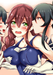 Rule 34 | 10s, 3girls, agano (kancolle), alternate costume, biting, black hair, blush, braid, grabbing another&#039;s breast, breasts, brown hair, ear biting, covered erect nipples, girl sandwich, gloves, grabbing, green eyes, highres, kantai collection, large breasts, long hair, mizuse kouichi, multiple girls, noshiro (kancolle), one-piece swimsuit, open mouth, personification, ponytail, red eyes, sandwiched, school swimsuit, sweatdrop, swimsuit, tears, yahagi (kancolle), yuri