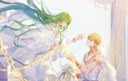 Rule 34 | 1boy, 1other, artist name, blonde hair, chain, earrings, enkidu (fate), enkidu (weapon) (fate), fate/grand order, fate/strange fake, fate (series), flower, gilgamesh (fate), green eyes, green hair, jewelry, long hair, looking at another, necklace, red eyes, robe, smile, veil, wuzuizhizui
