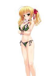 Rule 34 | 1girl, absurdres, ahoge, bikini, blonde hair, blush, breasts, choker, crossed arms, green bikini, green eyes, groin, hair ribbon, halterneck, highres, large breasts, long hair, looking at viewer, mouth hold, navel, official art, prism recollection!, ribbon, shintarou, side-tie bikini bottom, solo, striped bikini, striped clothes, swimsuit, transparent background, twintails, uisaki hinano