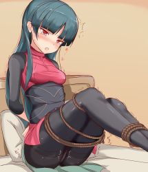 Rule 34 | 1girl, arms behind back, bdsm, bed, black pantyhose, blunt bangs, blush, bondage, bound, bound legs, bound wrists, breasts, covered collarbone, creatures (company), embarrassed, female focus, game freak, green hair, gym leader, half-closed eyes, have to pee, indoors, japanese text, knees up, legs together, long hair, long sleeves, miniskirt, muroi (fujisan0410), nintendo, nose blush, on bed, open mouth, panties, panties under pantyhose, pantyhose, pillow, pokemon, pokemon lgpe, red eyes, red skirt, rope, sabrina (pokemon), side slit, sitting, skirt, small breasts, solo, sweat, tears, thighband pantyhose, translated, trembling, underwear, white panties