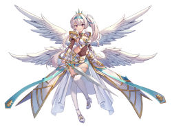 Rule 34 | 1girl, armor, bad id, bad twitter id, blush, breastplate, breasts, cleavage, closed mouth, commentary, covered navel, feathered wings, full body, gold trim, greenapple, hairband, high heels, highres, holding, holding sword, holding weapon, jewelry, lips, long hair, looking at viewer, medium breasts, miniskirt, multiple wings, original, overskirt, pink hair, ponytail, purple eyes, shoulder armor, side ponytail, simple background, skirt, smile, solo, sword, thighhighs, tiara, vambraces, weapon, white background, white thighhighs, wings, zettai ryouiki