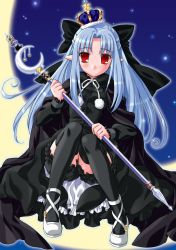 Rule 34 | absurdres, blue hair, cosplay, crown, hat, highres, len (tsukihime), melty blood, pointy ears, red eyes, solo, staff, thighhighs, tsukihime, type-moon