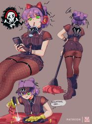 Rule 34 | 1girl, absurdres, angry, artist name, ass, bluethebone, boots, cellphone, cleaning, clenched teeth, commentary, cone hair bun, earrings, english commentary, english text, fishnet pantyhose, fishnets, gloves, goth fashion, green eyes, grey background, hair bun, headphones, highres, jewelry, mop, multiple views, original, pantyhose, patreon username, phone, purple hair, rubber gloves, shirt, short hair, short sleeves, simple background, skull and crossbones, skull earrings, smartphone, striped clothes, striped shirt, teeth, thigh strap, vertical stripes, visor cap