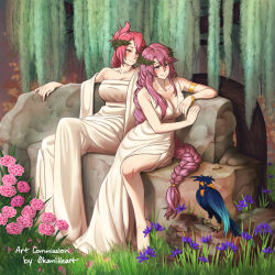 Rule 34 | 0kamiheart, 2girls, ancient greek clothes, animal, bird, bracelet, braid, braided ponytail, breasts, chiton, cleavage cutout, clothing cutout, commentary, commission, earrings, eiyuu densetsu, emma millstein, english commentary, flower, grass, greco-roman clothes, jewelry, large breasts, laurel crown, multiple girls, outdoors, pink eyes, pink hair, sara valestein, sen no kiseki, single braid, sitting, smile, yellow eyes