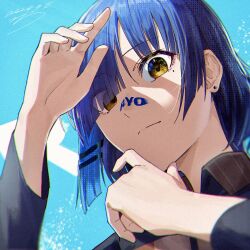 Rule 34 | 1girl, blue background, blue hair, blue shirt, blunt bangs, bocchi the rock!, character name, closed mouth, collared shirt, commentary, earrings, english commentary, eyes visible through hair, hair ornament, hairclip, hand up, head tilt, highres, jewelry, long sleeves, looking at viewer, medium hair, mole, mole under eye, parted bangs, seisyuntarotto, shaded face, shirt, sidelocks, signature, simple background, solo, yamada ryo, yellow eyes