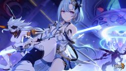 Rule 34 | 2girls, aged up, bare shoulders, blue lightsaber, chinese commentary, closed mouth, detached sleeves, double bladed lightsaber, dress, earrings, energy sword, fighting, gloves, griseo, griseo (cosmic expression), highres, holding, holding lightsaber, holding weapon, honkai (series), honkai impact 3rd, horns, indoors, jewelry, lightsaber, long hair, multiple girls, official art, official wallpaper, star wars, sword, weapon, white dress, white footwear, white gloves, white hair, white sleeves