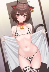 Rule 34 | 1girl, absurdres, animal ears, animal print, bare shoulders, bell, bikini, breasts, brown hair, cat ears, cat tail, choker, collarbone, commission, cow print, cow print bikini, cow print thighhighs, cowbell, cowboy shot, gluteal fold, grin, hairband, halterneck, highres, holding, holding towel, looking at viewer, mole, mole on breast, mole on thigh, mole under eye, navel, original, pipipipyu, print bikini, print thighhighs, prunechi, red choker, red eyes, short hair, small breasts, smile, solo, standing, stomach, string bikini, swimsuit, tail, tail raised, thigh gap, thighhighs, thighs, towel, white bikini, white thighhighs