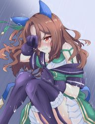 Rule 34 | 1girl, absurdres, akatama man, animal ears, bad id, bad pixiv id, black gloves, black thighhighs, brown hair, commentary request, crying, dress, ear covers, garter straps, gloves, highres, horse ears, horse girl, horse tail, king halo (umamusume), knees up, long hair, off-shoulder dress, off shoulder, rain, red eyes, solo, tail, tears, thighhighs, umamusume, wet