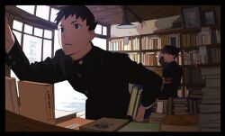 Rule 34 | 2boys, ace attorney, armband, black hair, black jacket, book, book stack, bookshelf, bookstore, buttons, ceiling light, headband, highres, holding, holding book, indoors, jacket, kazuma asogi, long sleeves, looking at another, male focus, multiple boys, officinale t, picture frame, red headband, ryunosuke naruhodo, shop, short hair, the great ace attorney, window, wooden ceiling