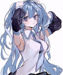 Rule 34 | 1girl, black skirt, blouse, blue necktie, blush, breasts, bunching hair, closed mouth, detached sleeves, frilled shirt, frills, hair between eyes, hair ornament, hairclip, hatsune miku, highres, long hair, looking at viewer, medium breasts, necktie, shirt, simple background, skirt, sleeveless, sleeveless shirt, solo, twintails, upper body, utsuhostoria, very long hair, vocaloid, white background, white shirt