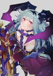 Rule 34 | 1girl, bare shoulders, blue hair, blush, breasts, cannon, chaos aurora (grimms notes), detached sleeves, dress, from above, grimms notes, grin, hairband, hira yui, holding, holding cannon, holding weapon, long hair, medium breasts, red eyes, simple background, single sock, skirt, smile, socks, solo, teeth, thorns, weapon, white background