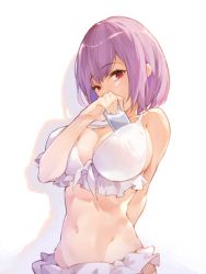 Rule 34 | 10s, 1girl, bikini, blush, breasts, cellphone, cleavage, commentary request, frilled bikini, frills, front-tie top, gridman universe, hana mori, highres, holding, holding phone, large breasts, light purple hair, looking at viewer, navel, object in clothes, object in swimsuit, phone, red eyes, shinjou akane, short hair, smartphone, solo, ssss.gridman, standing, swimsuit, white bikini